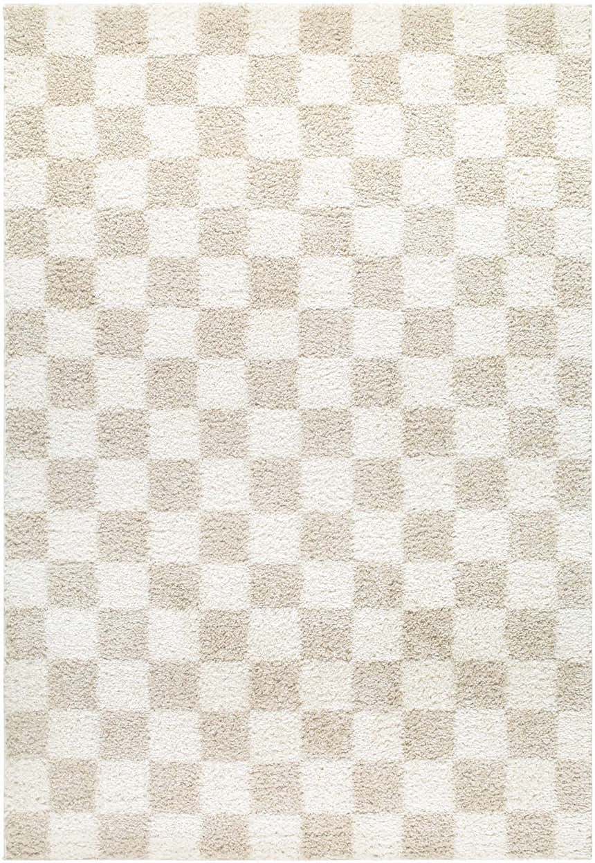 Close-up of the Gallicchio Area Rug. Features a textured checkerboard pattern in cream and beige. Contemporary style. Design-Rectangle-537