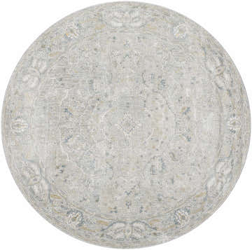 Round Glengarry Thick Luxe Boutique Rug in dusty sage, beige, gray, and teal with a traditional vintage pattern. Design-Round-67