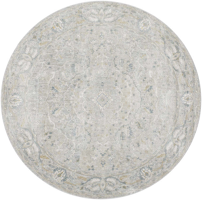Round Glengarry Thick Luxe Boutique Rug in dusty sage, beige, gray, and teal with a traditional vintage pattern. Design-Round-67