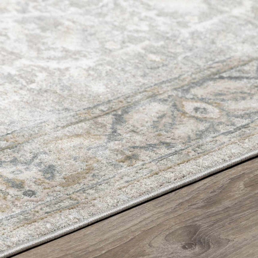 Close-up of the Glengarry Thick Luxe Boutique Rug showing its beige, gray, and sage vintage-style pattern and texture. Pile