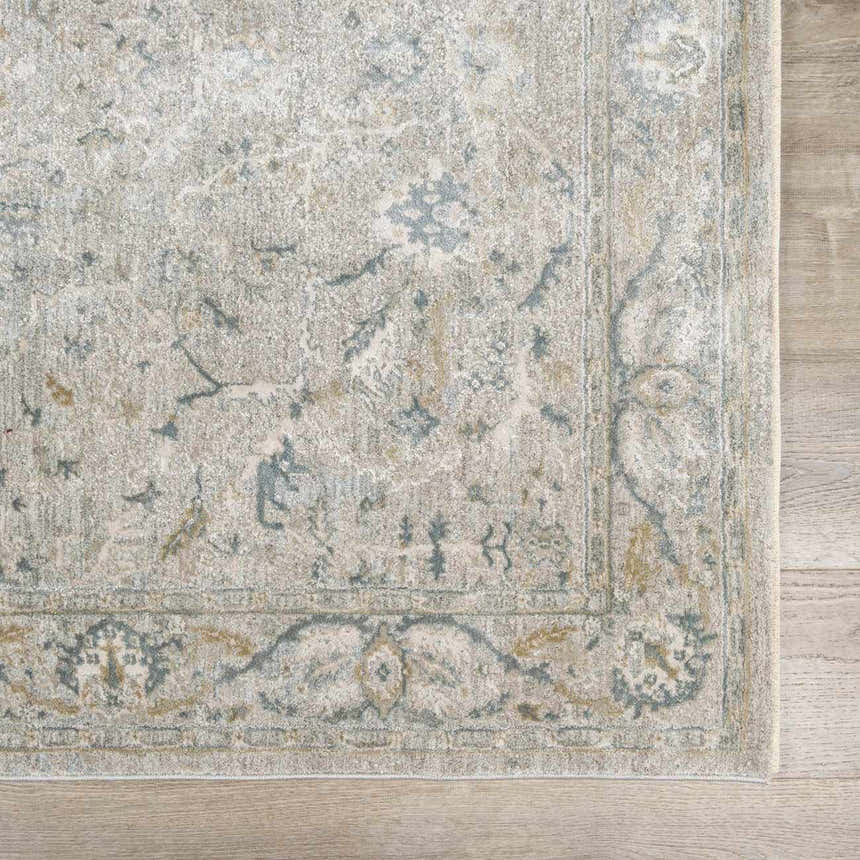 Close-up of the Glengarry Thick Luxe Boutique Rug, showcasing its dusty sage, beige, and gray vintage-inspired design. Swatch
