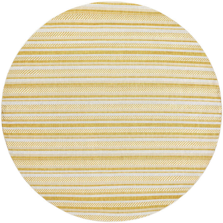 Close-up of round Grian Area Rug. Beige and metallic gold stripes create a farmhouse, transitional style. Design-Round-67