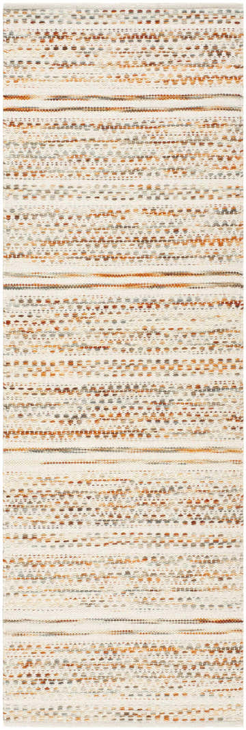 Close-up of the Griet Hand Woven Wool Rug. Beige, bone, camel, and copper tones create a farmhouse-style horizontal stripe pattern. Design-Runner-268