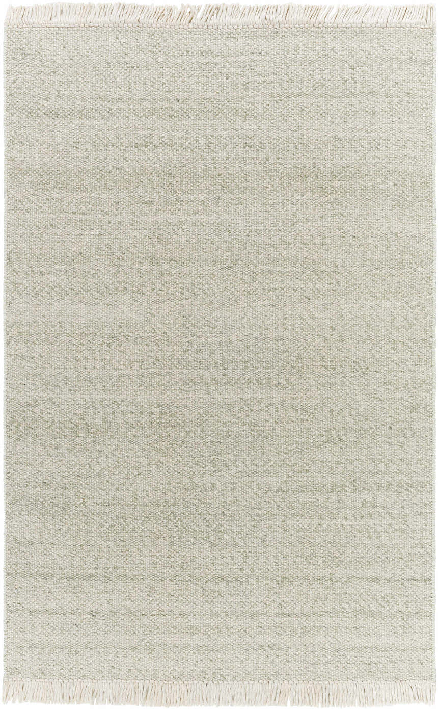 Close-up of the Sorell Sage Rug, a hand-woven wool rug with a textured weave and ecru fringe. Cottage farmhouse style. Design-Rectangle-576