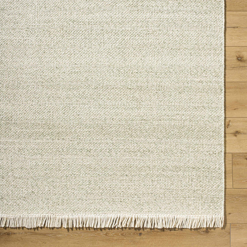 Close-up of the Sorell Sage Rug showing its textured weave, ecru and sage colors, and wool fringe. Corner