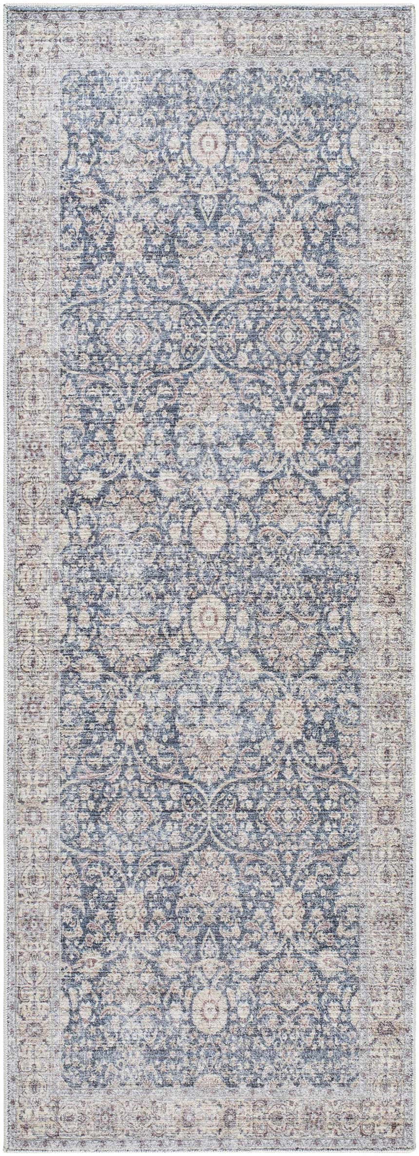 Close-up of the Mary Machine Woven Vivir x LIVABLISS VVMR-2300 Area Rug featuring a traditional beige, black, and blue floral pattern. Design-Runner-2777