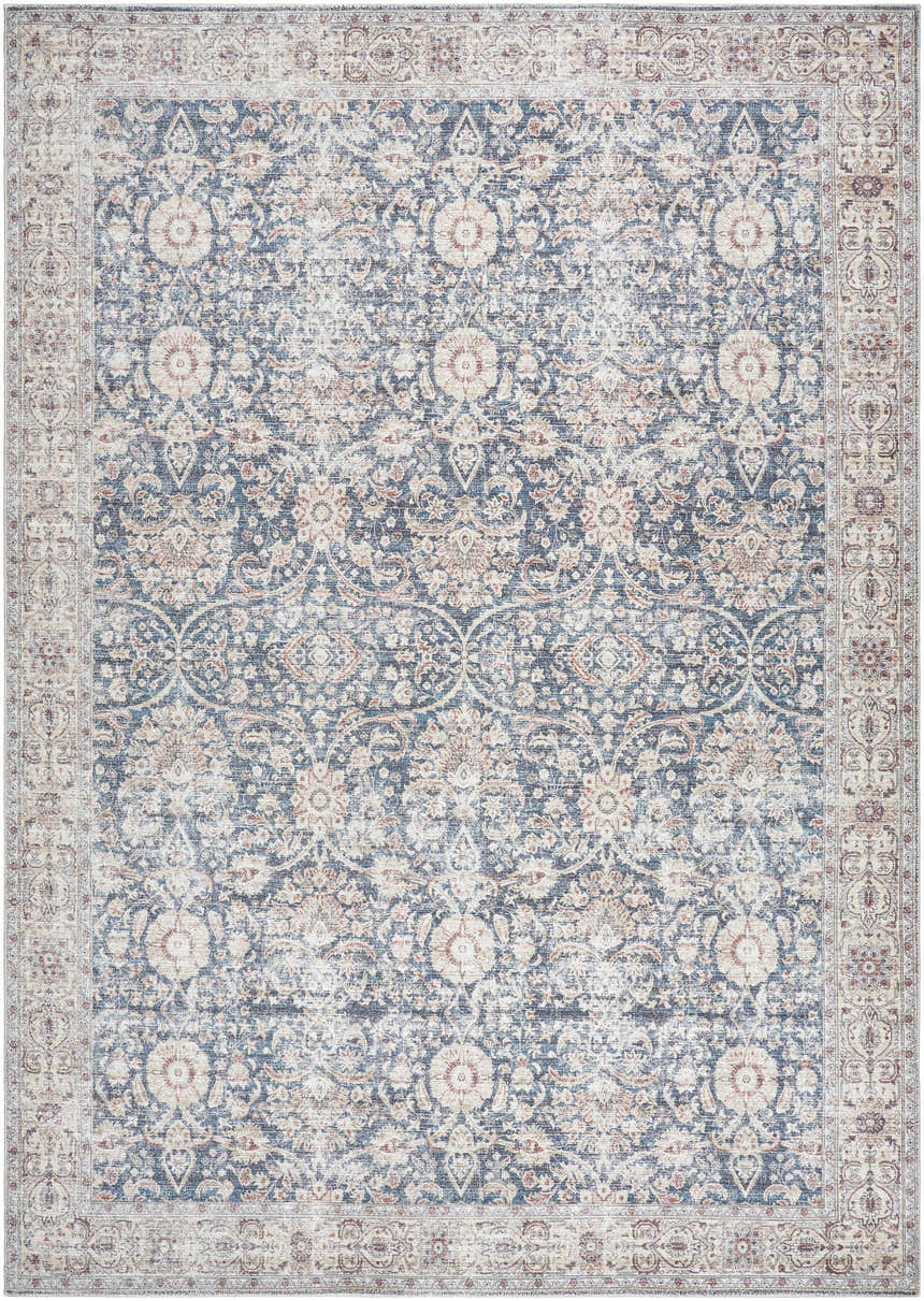 Detailed beige and blue Mary Machine Woven Vivir x LIVABLISS area rug with a traditional floral pattern. Design-Rectangle