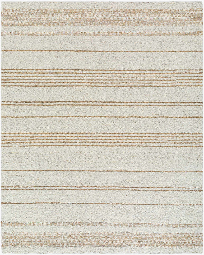 Close-up of the hand woven Ciaran Area Rug. Ivory wool rug with sandstone and taupe horizontal stripes. Design-Rectangle-810