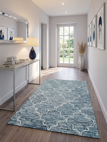Blue and Ivory Modern Geometric Hand Tufted Natural Wool Rug
