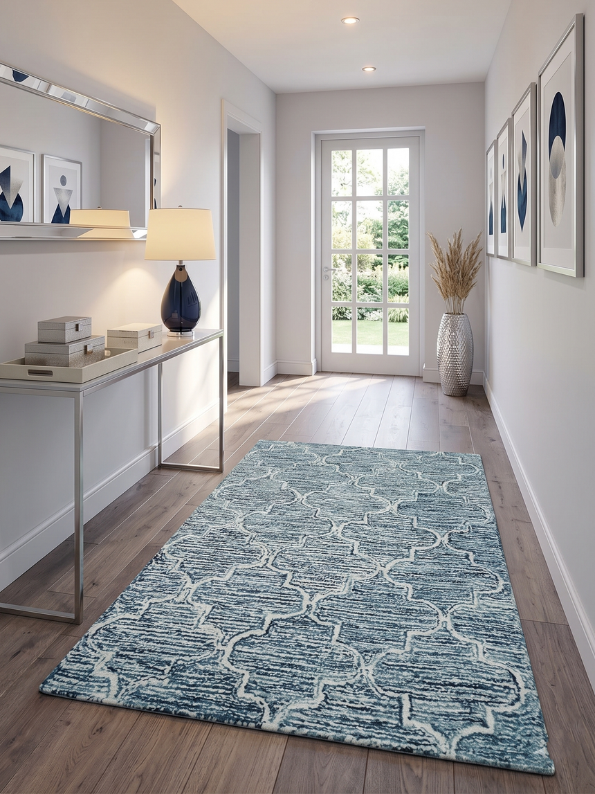 Blue and Ivory Modern Geometric Hand Tufted Natural Wool Rug
