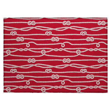 Close-up of Dalyn Harbor HA7 Red Washable Area Rug. Features a nautical rope and knot design on a red background.