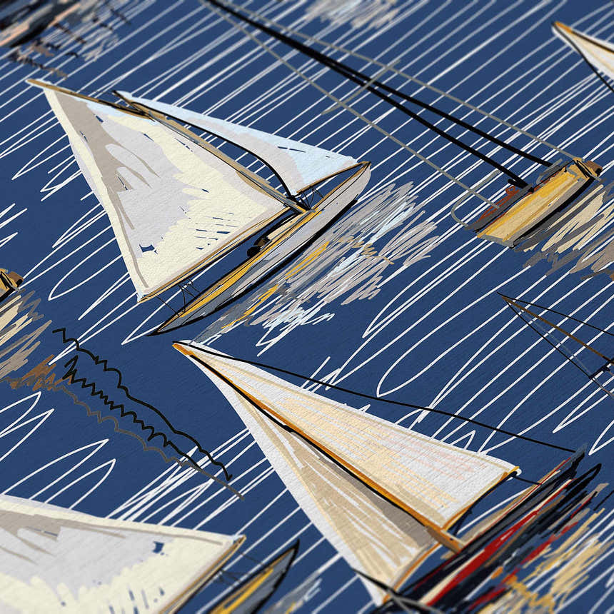 Close-up of Dalyn Harbor Navy Washable Area Rug with sailboat pattern in beige, gold, and black on a navy background. Coastal style.