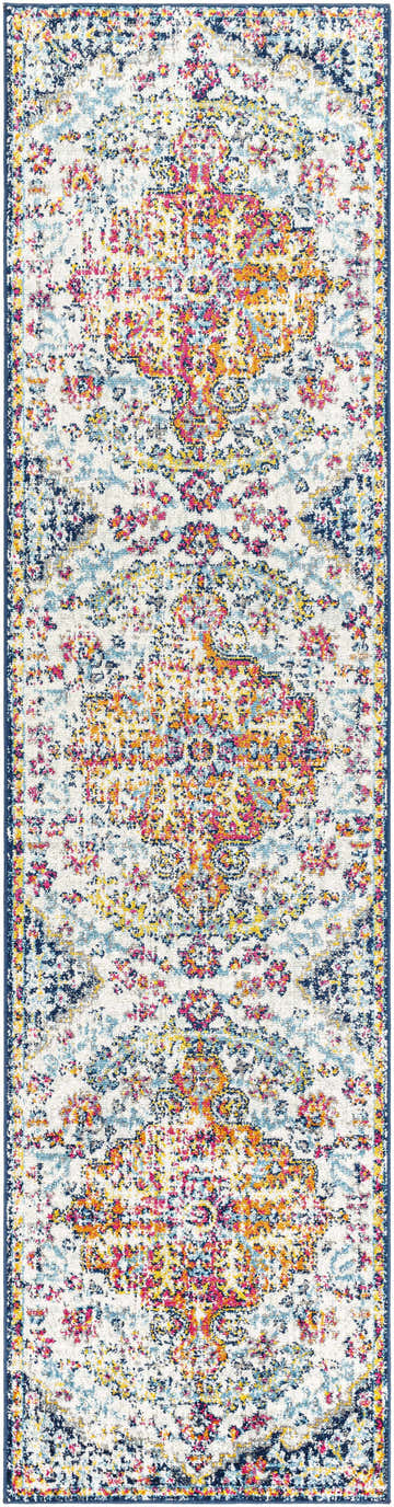 Close-up of the Livabliss Harput HAP-1000 runner rug. Features a traditional pattern with aqua, blue, and red hues on an off-white base. Design-Runner-2710