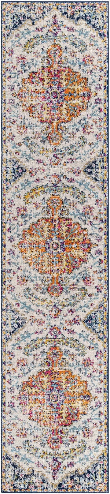 Close-up of Livabliss Harput HAP-1000 runner rug. Traditional farmhouse style with aqua, blue, orange, and red floral pattern. Design-Runner-2712