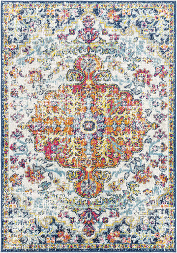 Detailed view of the Livabliss Harput HAP-1000 area rug, featuring a traditional floral pattern in aqua, blue, and burnt orange. Design-Rectangle-31157