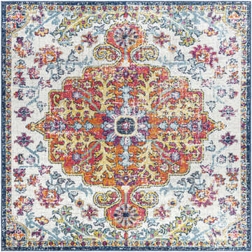 Close-up of the Livabliss Harput HAP-1000 area rug. Traditional floral pattern in aqua, blue, burgundy, orange, mustard, and red. Design-Square-67
