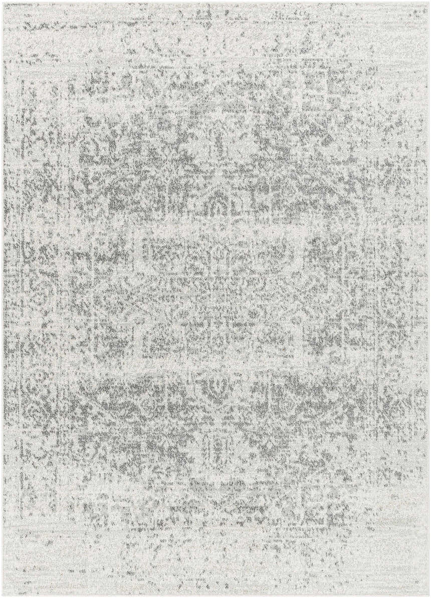 Close-up of Livabliss Harput HAP-1024 area rug. Farmhouse style with charcoal, medium gray, and off white traditional pattern. Design-Rectangle-5373
