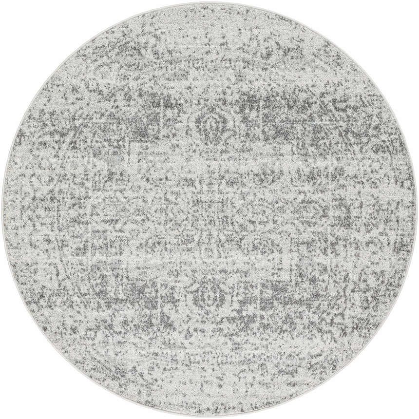 Close-up of the Livabliss Harput HAP-1024 round area rug. Charcoal, medium gray, and off-white traditional pattern. Design-Round-53