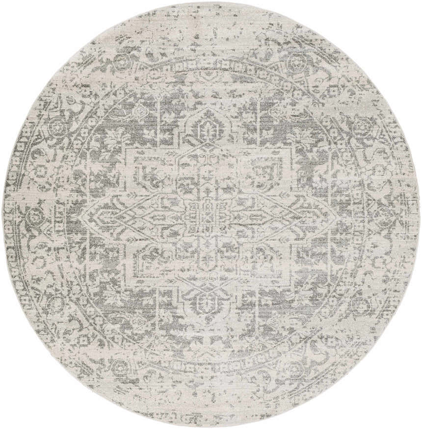 Close-up of round Livabliss Harput HAP-1024 area rug. Charcoal and gray traditional pattern on off-white polypropylene. Design-Round-710