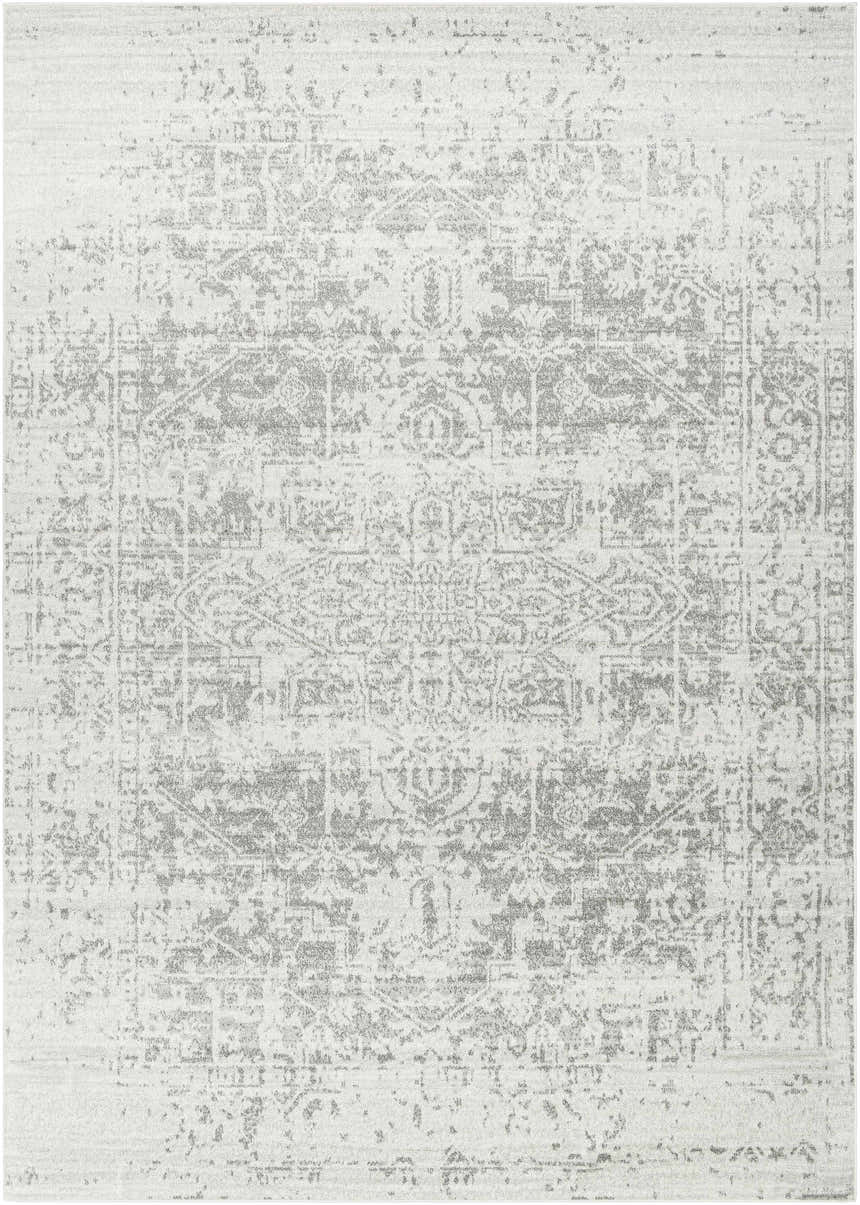 Close-up of Livabliss Harput HAP-1024 area rug. Traditional charcoal and gray pattern on off-white polypropylene. Design-Rectangle-93126