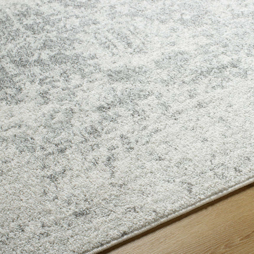 Close-up of the Livabliss Harput HAP-1024 area rug. Soft texture with a subtle charcoal and gray traditional pattern. Texture