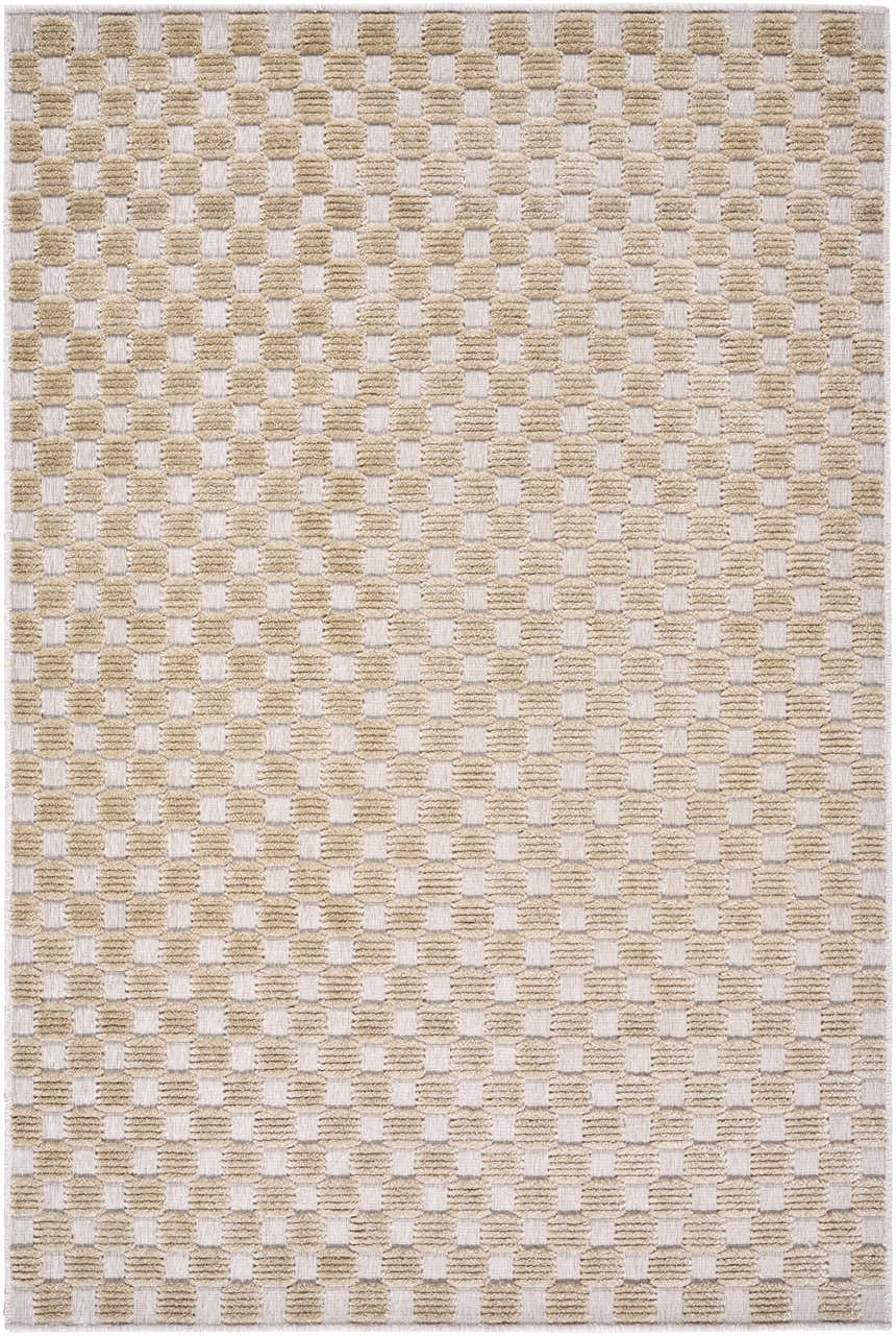 Close-up of the Anthea Beige Washable Area Rug. The rug has a beige and light brown checkered pattern. Contemporary style. Design-Rectangle-576
