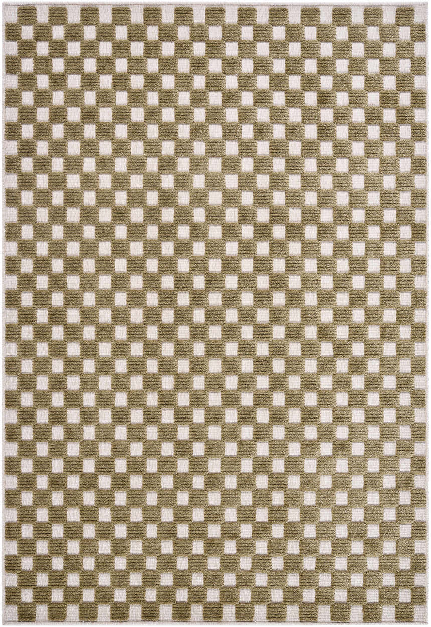 Close-up of the Anthea Olive Washable Area Rug. Features a contemporary olive and white checkered pattern, machine woven texture. Design-Rectangle-57