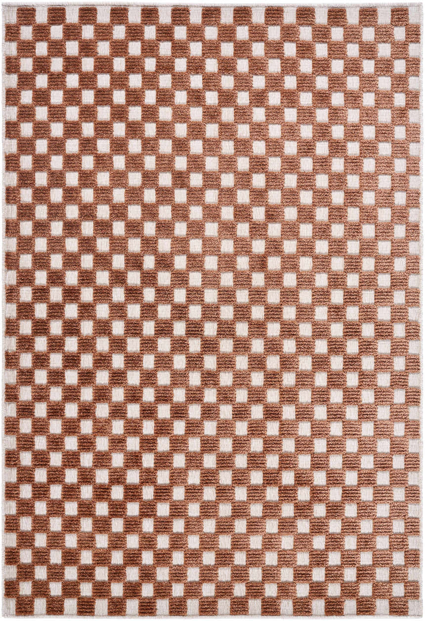 Close-up of the Anthea White Washable Area Rug. Features a contemporary brown and white checkerboard pattern. Design-Rectangle-57