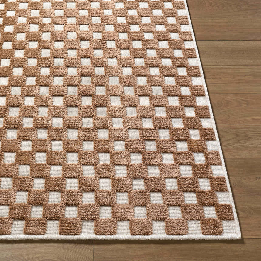 Close-up of the Anthea White Washable Area Rug. Brown and white checkerboard pattern with a textured, machine-woven design. Front