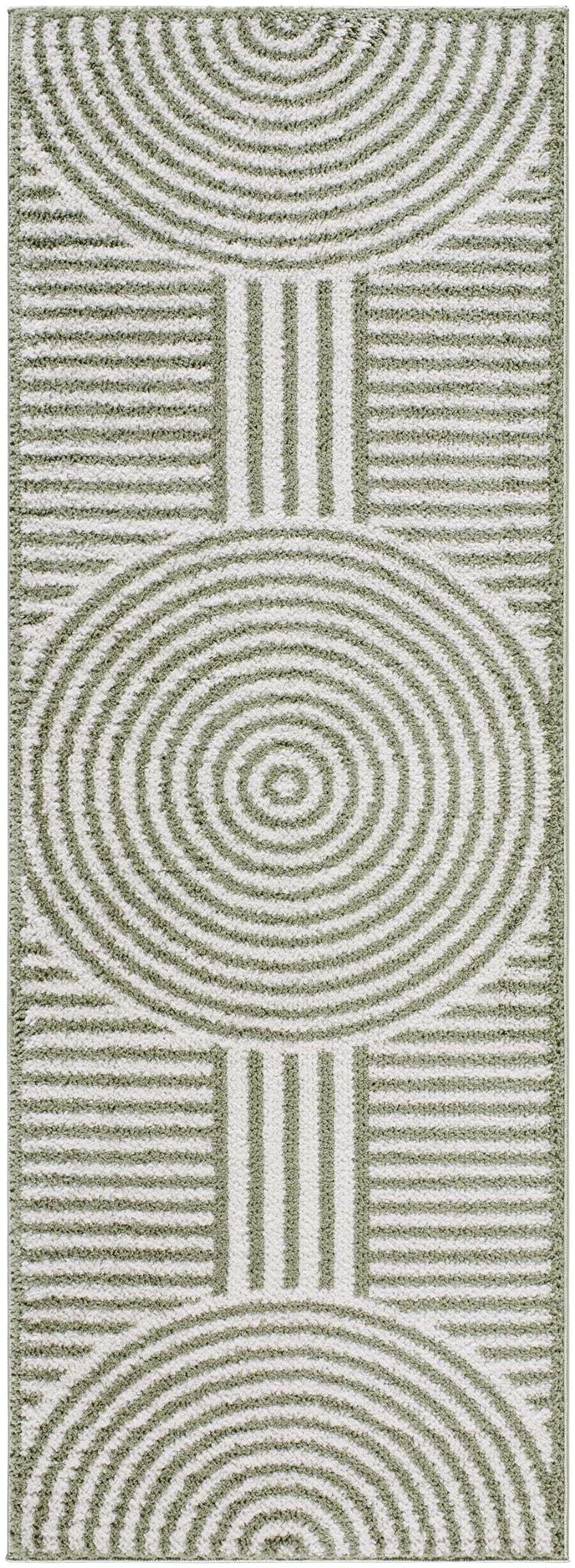 Close-up of Allard Green Washable Area Rug featuring a contemporary geometric design with lime green and white stripes. Design-Runner-2773