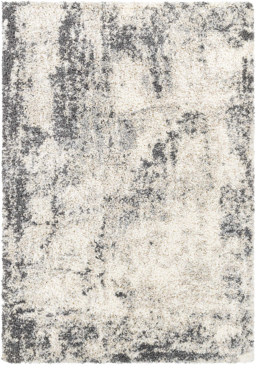 Close-up of the Hilotongan Plush Abstract Area Rug. Shag texture in cream and gray tones. Design-Rectangle-537
