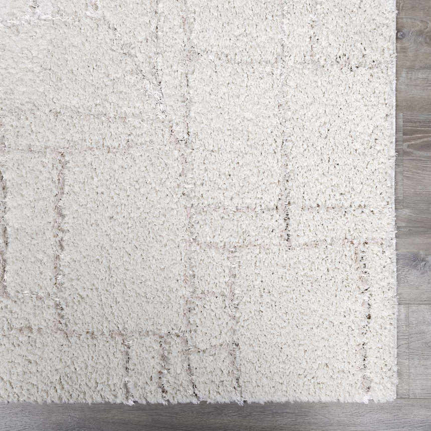 Close up of the plush, cream Andia Grid Rug with a subtle geometric pattern. Swatch