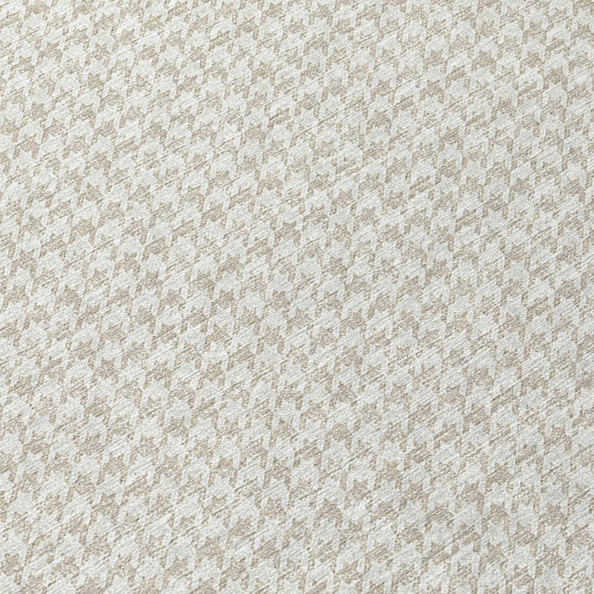 Close-up of the Dalyn Hinton HN1 Linen Washable Area Rug. Beige and chestnut houndstooth pattern. Machine-made polyester texture.