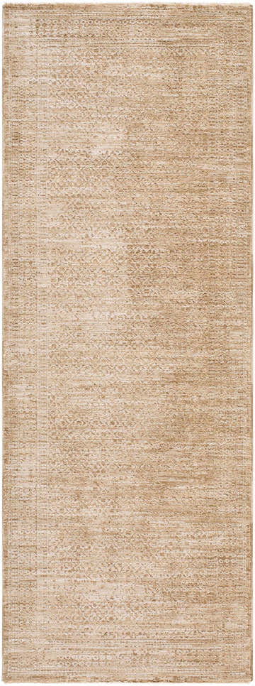 Close-up of the Atreus Area Rug. Beige and tan rug with a subtle, traditional pattern. Machine woven texture. Design-Runner-2773