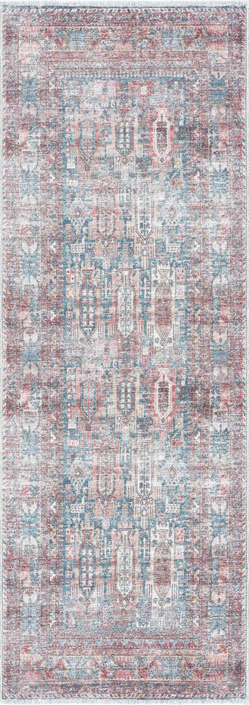 Close-up of the Holi-2300 Boutique Washable Rug. Features a traditional, Southwestern design in aqua, burnt orange, rose, and light gray. Design-Runner-2773