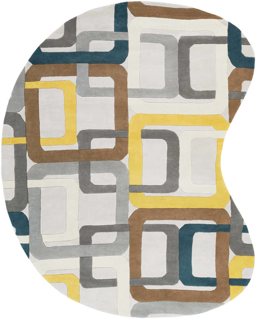 Abstract round Harlech Area Rug with brown, blue, gray, ivory, and mustard geometric shapes. Hand-tufted wool. Design-Custom