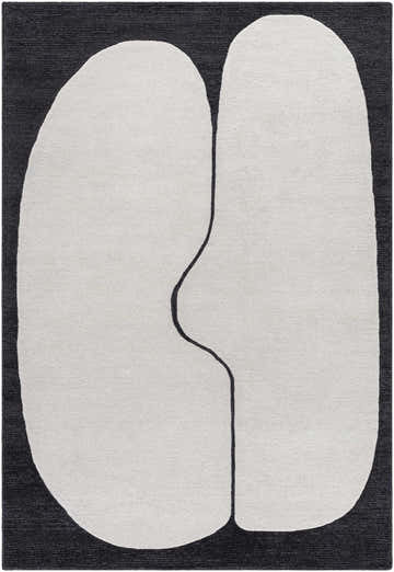 Close-up of the Albane Area Rug. Contemporary style with a black background and a large, cream abstract design. Design-Rectangle-576