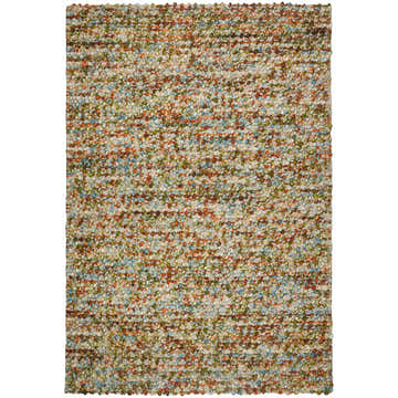 Close-up of the hand-loomed Dalyn Hanu HU1 Green Area Rug. Beige wool rug with green, paprika, spice, and teal colored knots.