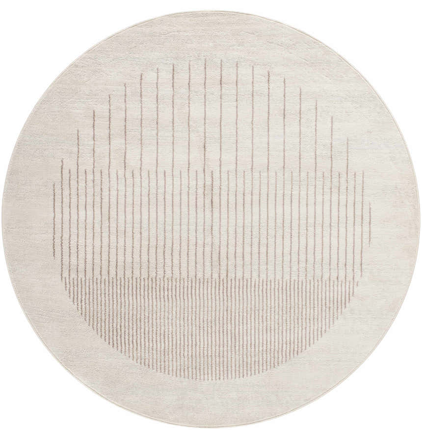 Close-up of the round Howi Area Rug. Cloud gray with dark beige geometric vertical lines pattern. Design-Round-67