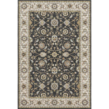 Close-up of the Dalyn Luxury Hatay HY1 Black Washable Area Rug. Features a traditional floral pattern in black, beige, and caramel tones.