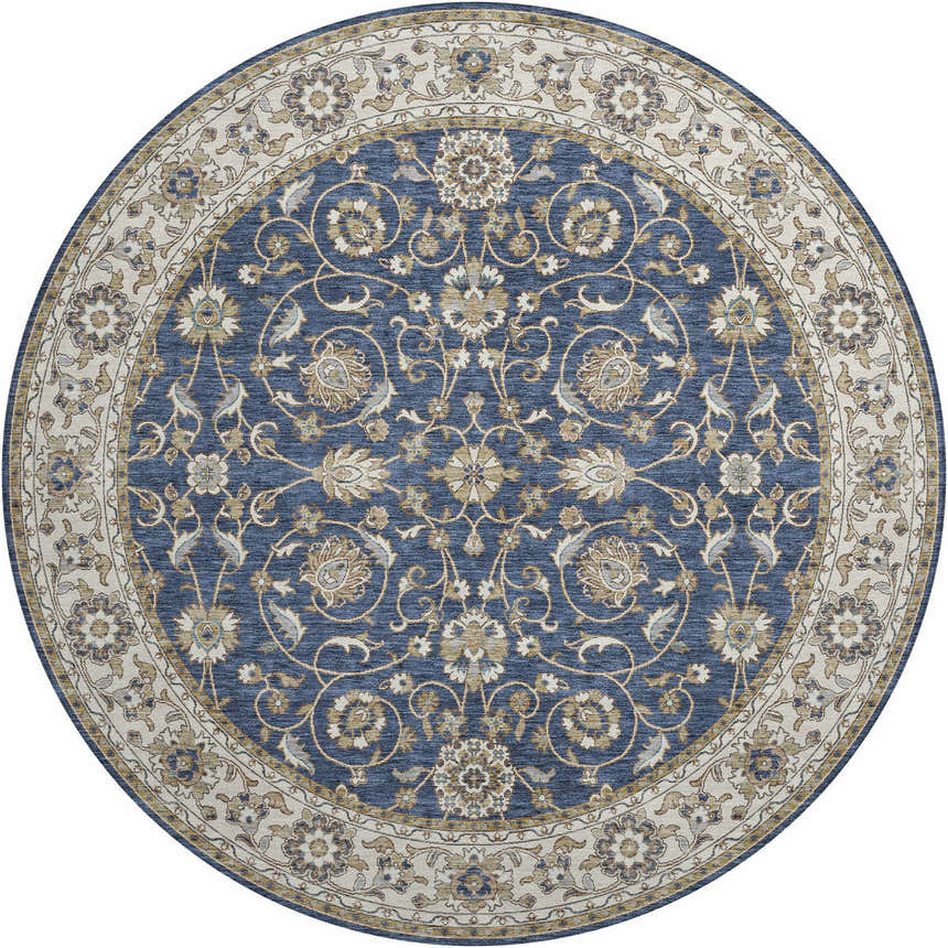 Close-up of round Dalyn Luxury Hatay HY1 Navy Washable Area Rug. Features a floral pattern in navy, beige, and caramel tones.