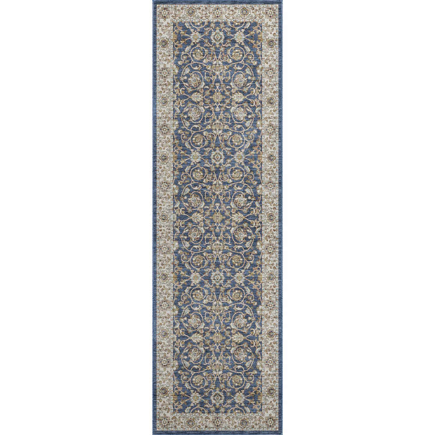 Close-up of the Dalyn Luxury Hatay HY1 Navy Washable Area Rug. Features a traditional floral pattern in navy, beige, and caramel tones.