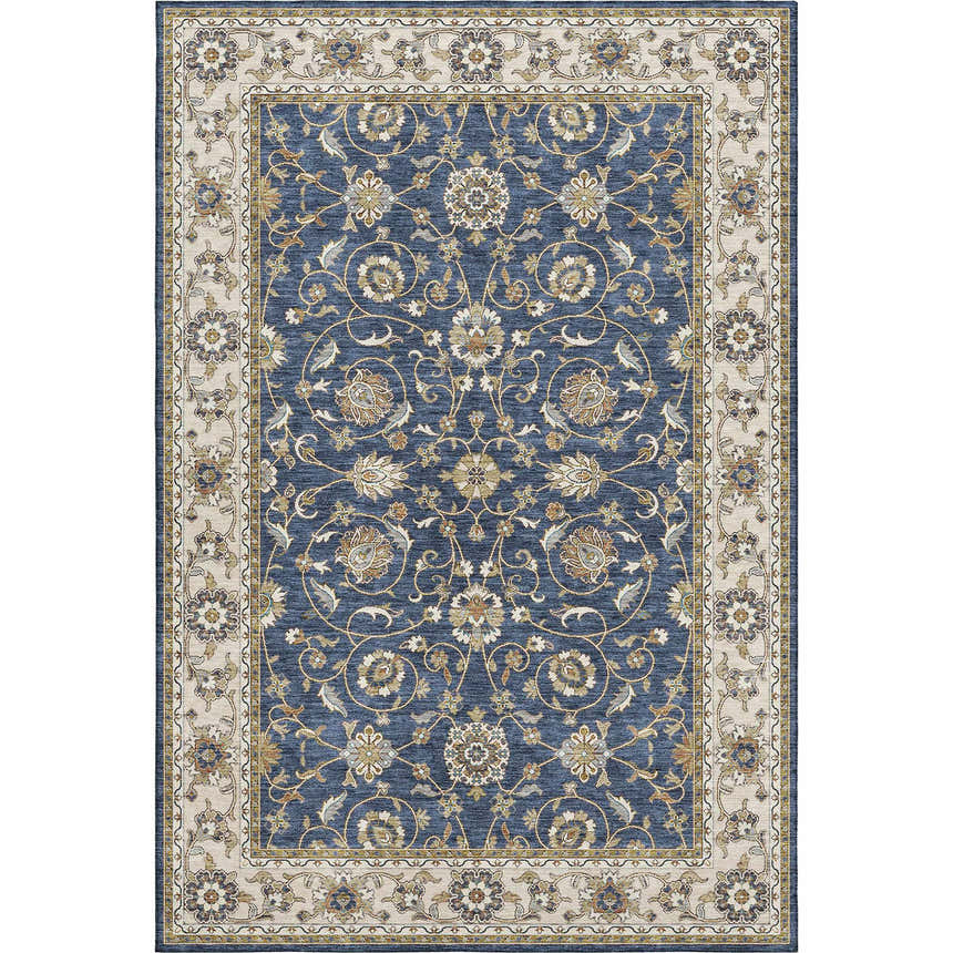 Dalyn Luxury Hatay HY1 Navy Washable Area Rug. Traditional floral pattern in navy, beige, caramel, and taupe.