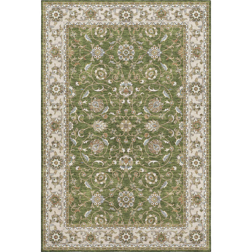 Close-up of the Dalyn Luxury Hatay HY1 Olive Washable Area Rug. Features a traditional floral pattern in olive, beige, and caramel tones.