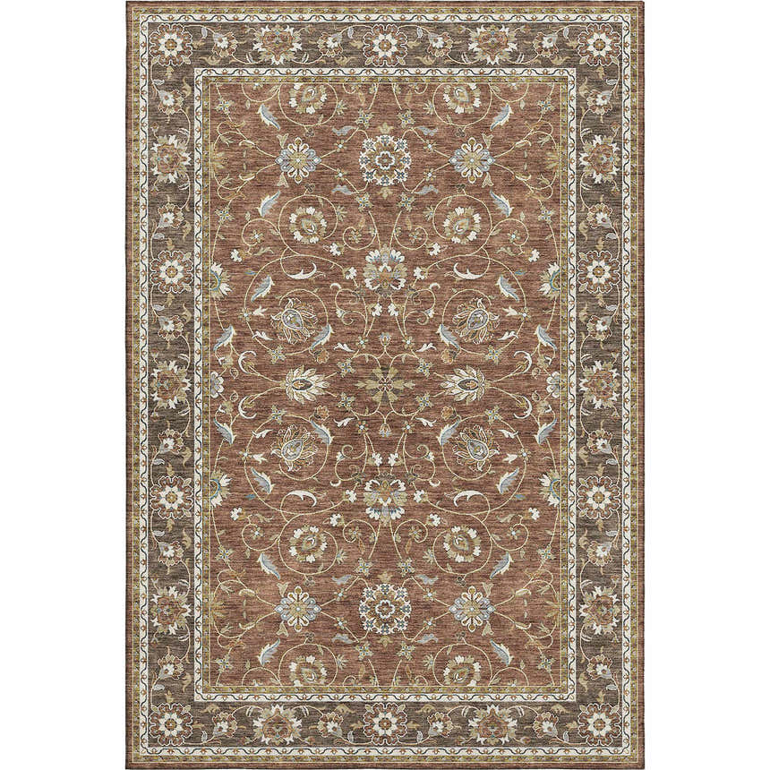 Detailed floral pattern on a Dalyn Luxury Hatay HY1 Paprika Washable Area Rug. Beige, brown, and paprika tones.
