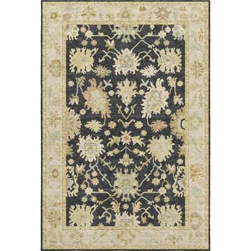 Close-up of the Dalyn Luxury Hatay HY2 Black Washable Area Rug, featuring a traditional floral pattern in black, beige, and muted sage.