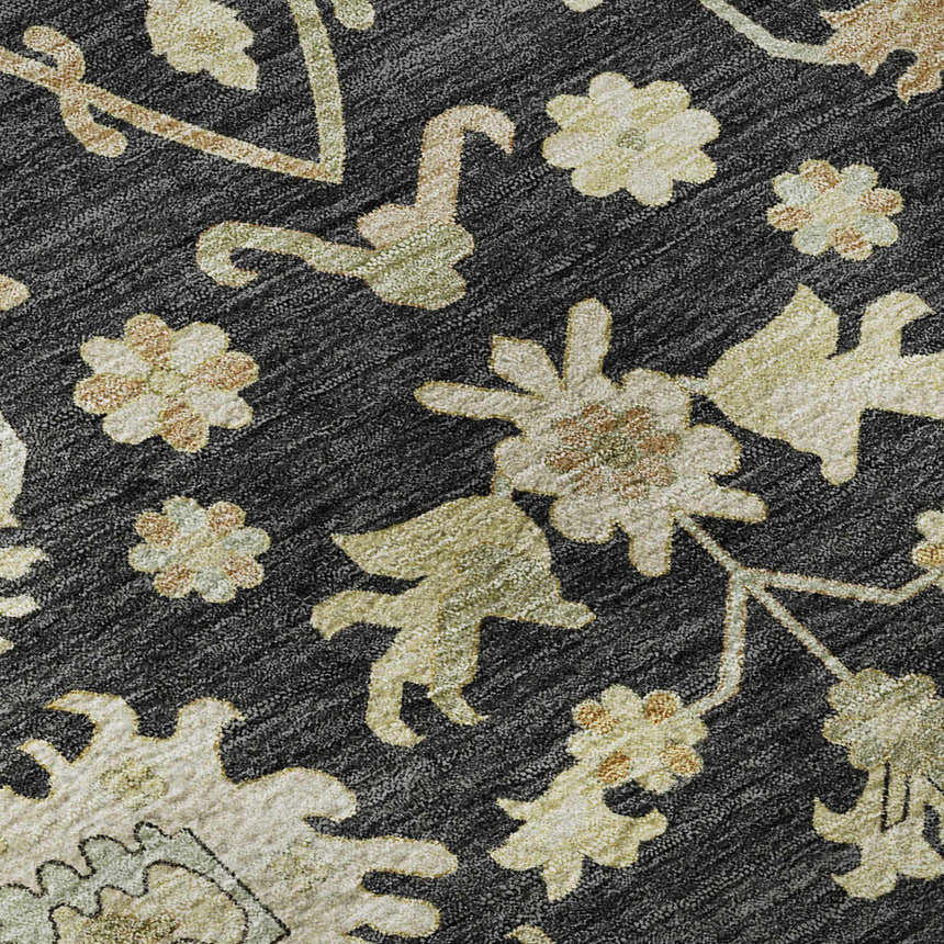 Close-up of the Dalyn Luxury Hatay HY2 Black Washable Area Rug, featuring a traditional floral pattern in beige, gold, and sage on black.