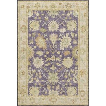 Close-up of the Dalyn Luxury Hatay HY2 Eggplant Washable Area Rug. Features purple, beige, and gold floral pattern.