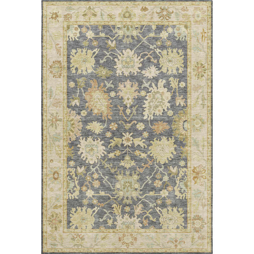 Dalyn Luxury Hatay HY2 Gray Washable Area Rug with beige, gold, and muted sage floral traditional design.