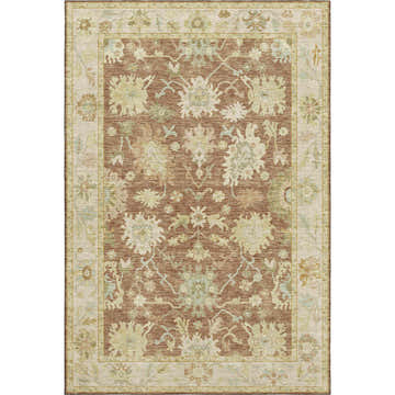 Close-up of the Dalyn Luxury Hatay HY2 Paprika Washable Area Rug. Features a traditional floral pattern in paprika, beige, and green.